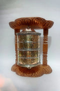 4 lines Om Mane peme hum embossed Tibetan Prayer Wheel in brown wooden frame - Vajracrafts
