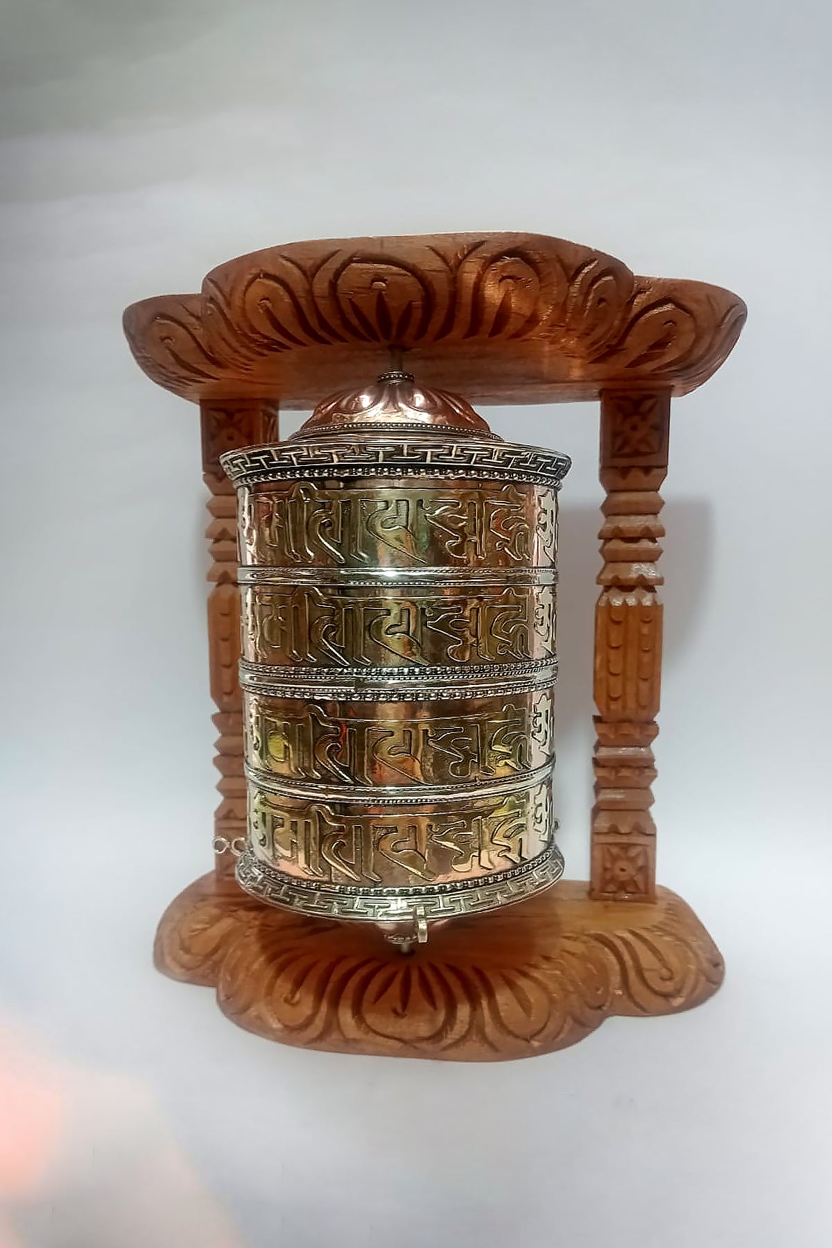 4 lines Om Mane peme hum embossed Tibetan Prayer Wheel in brown wooden frame