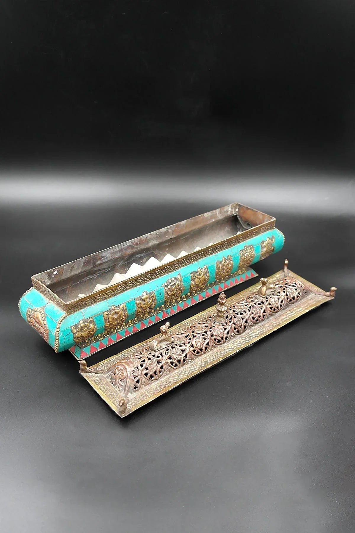 Stupa and deer and eight auspicious symbols Incense burner with natural stones - Vajracrafts