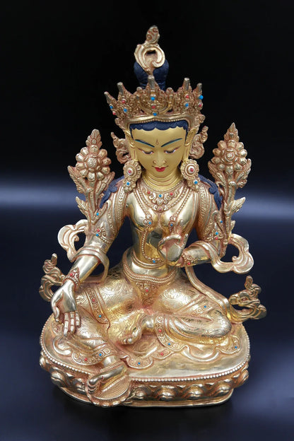 Elegant Hand carved Tibetan Green Tara Statue, 13" - Vajracrafts