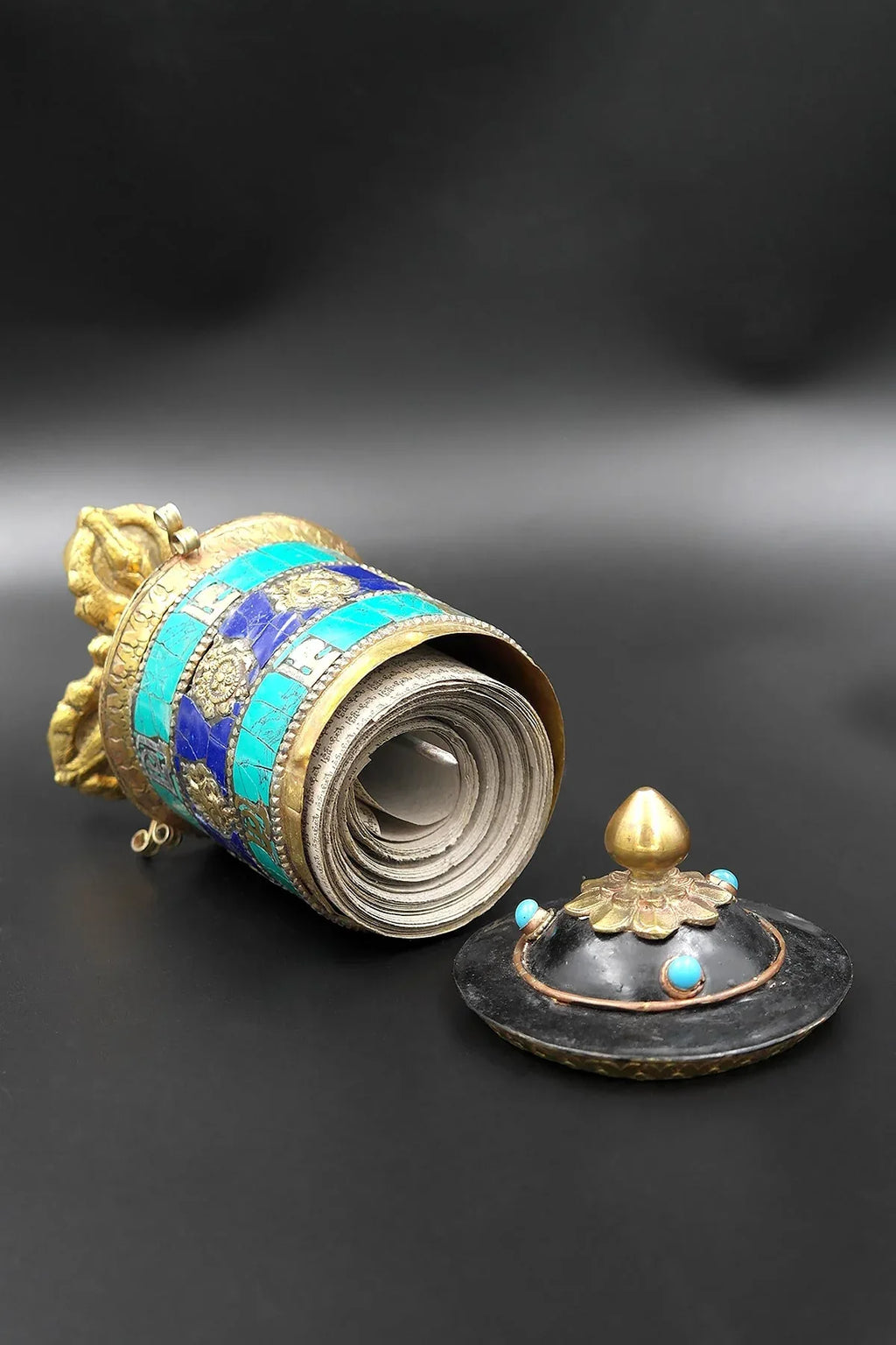 Ashtamangala Spinning Prayer Wheel with Stone Work, 6" - Vajracrafts