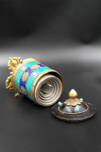 Ashtamangala Spinning Prayer Wheel with Stone Work, 6" - Vajracrafts