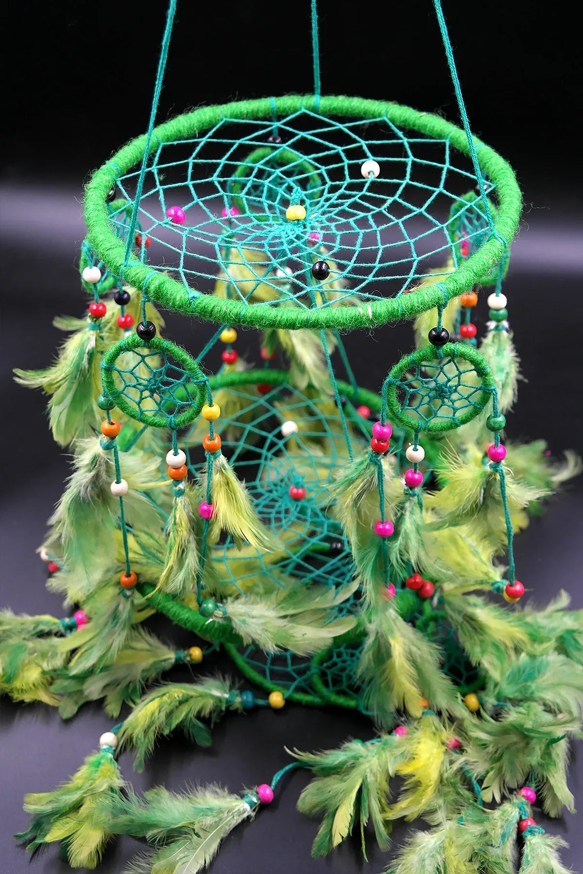 3 tier Dream Catcher Wall Hanging in Green, Handmade Ornament Feather - Vajracrafts