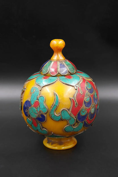 Old Tibetan Amber Multicolor Gem Stones Inlaid rice bowl Gulpa with cover - Vajracrafts