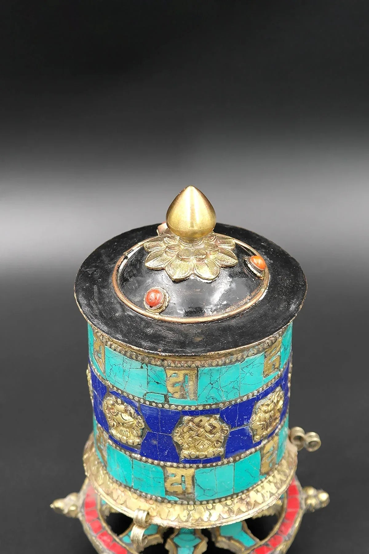 Om mane peme hum mantra embossed desktop Prayer Wheel, 6" - Vajracrafts