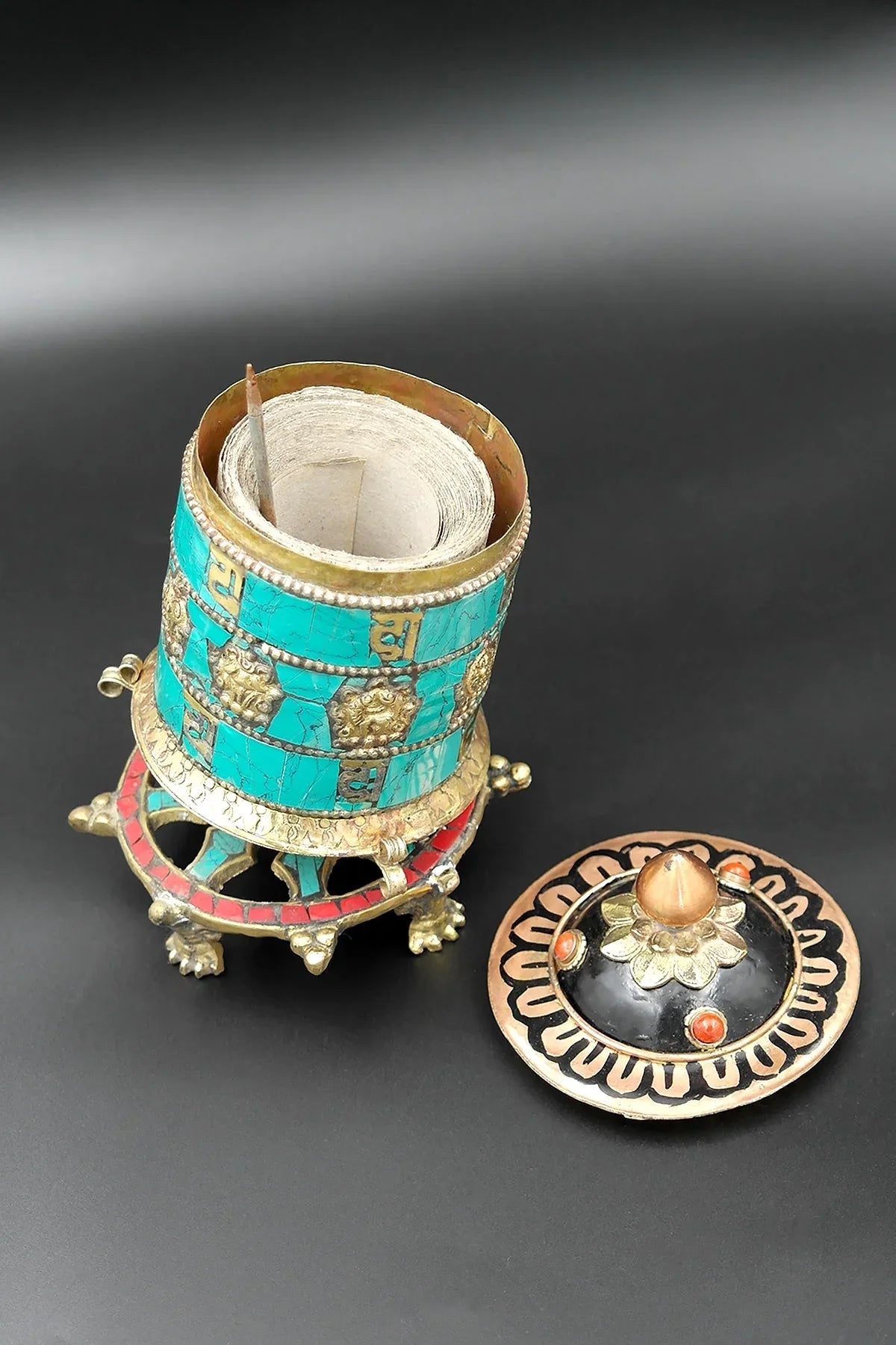 Eight Auspicious signs in Turquoise inlays desktop Prayer Wheel, 6" - Vajracrafts