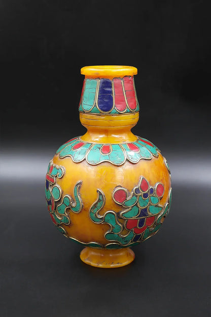 Vase of Treasure inlaid Amber floral Vase with Gemstones - Vajracrafts