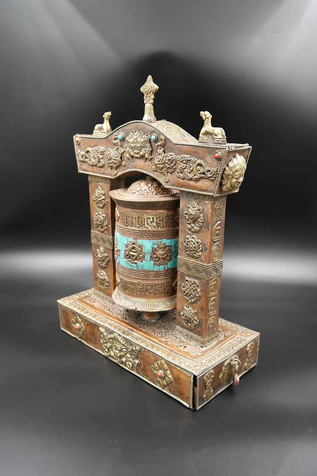 Turquoise inlaid eight auspicious symbol embossed Potala Design Prayer wheel - Vajracrafts