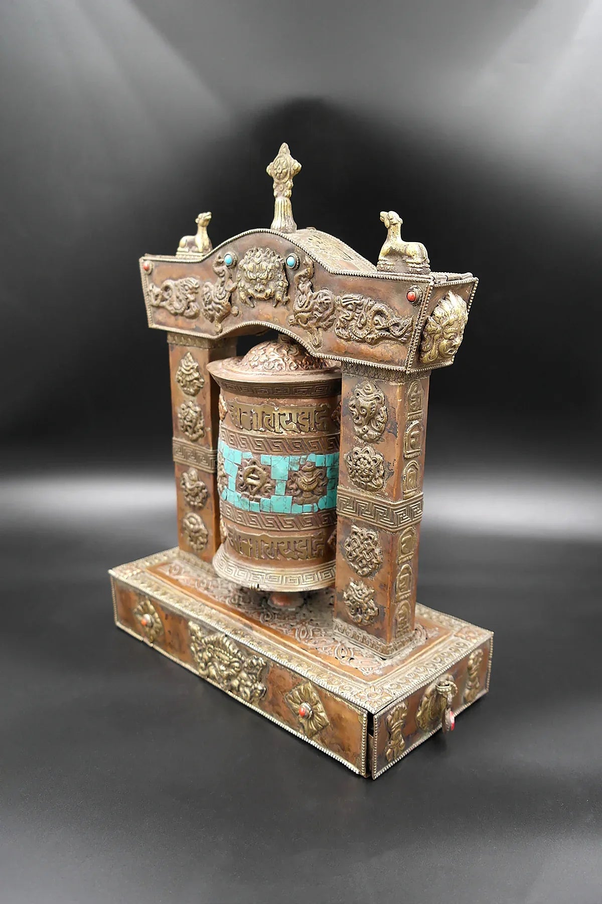 Turquoise inlaid eight auspicious symbol embossed Potala Design Prayer wheel - Vajracrafts