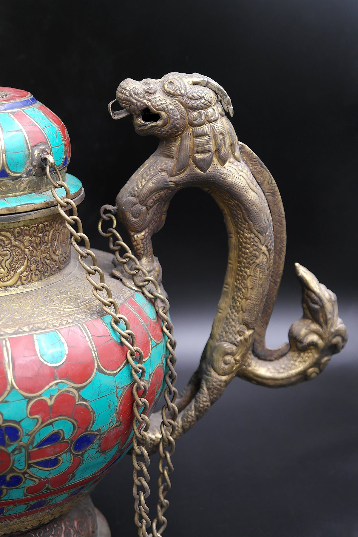 Ancient Tibetan Religious Teapot with Dragon handle Coral and Lapis Stone Art Deco