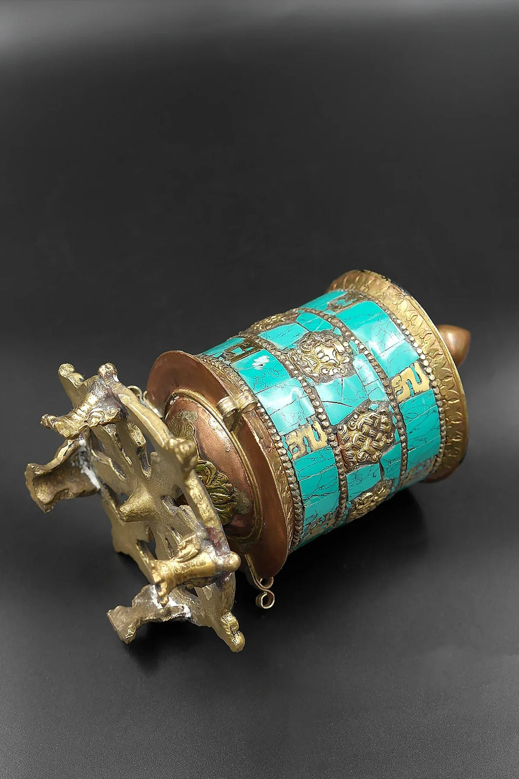 Turquoise inlaid Table Prayer Wheel with Mantra inside - Vajracrafts