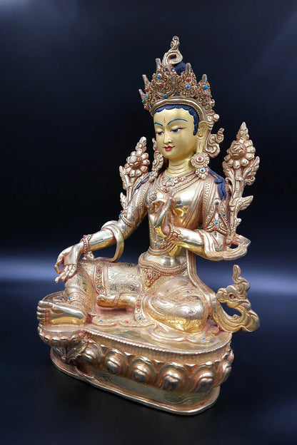 Elegant Hand carved Tibetan Green Tara Statue, 13" - Vajracrafts