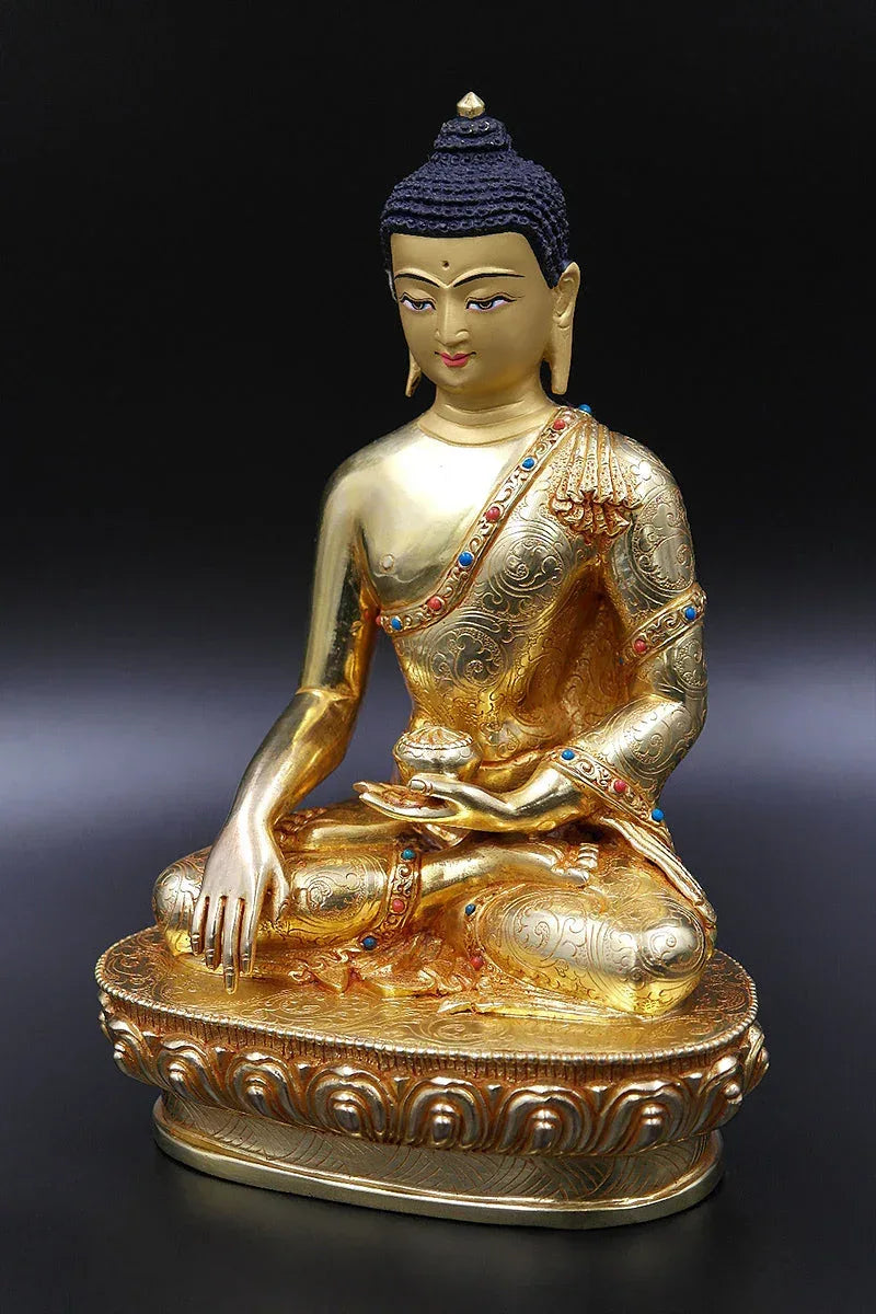 Turquoise and Coral inlaid Shakyamuni Buddha Statue, 8"