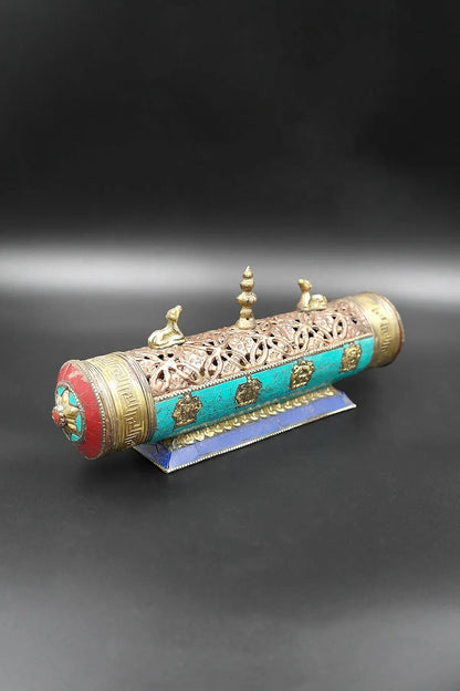 Tibetan Temple style antiqued metal Eight Auspicious Symbols Incense Burner - Vajracrafts