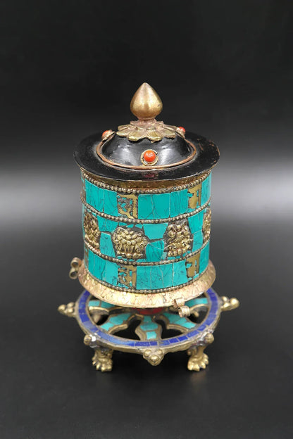 Turquoise inlaid Table Prayer Wheel with Mantra inside - Vajracrafts