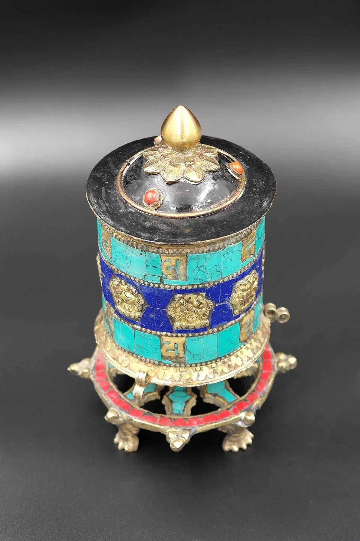 Om mane peme hum mantra embossed desktop Prayer Wheel, 6" - Vajracrafts