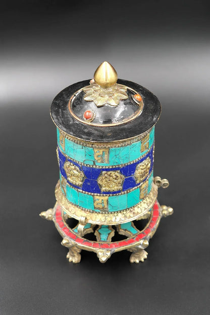 Om mane peme hum mantra embossed desktop Prayer Wheel, 6" - Vajracrafts