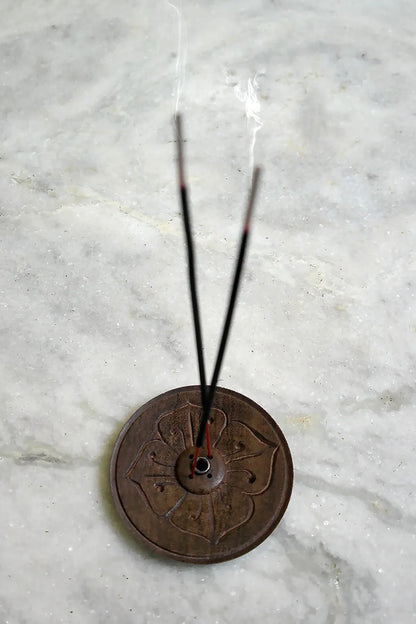 Flower Design Wooden Tibetan Incense Burner, Hand Carved Incense Holder - Vajracrafts