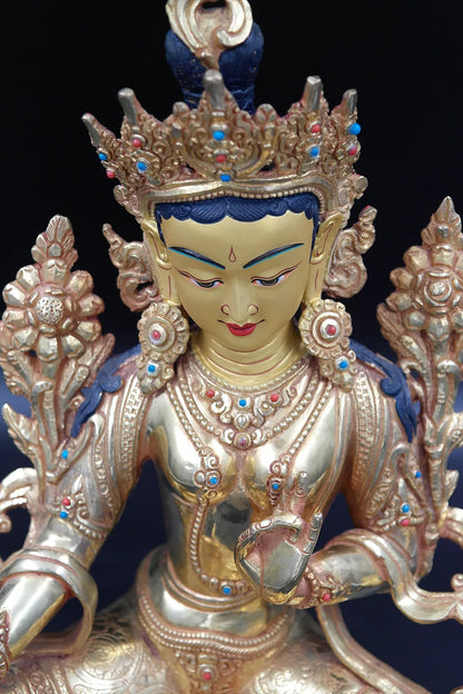 Elegant Hand carved Tibetan Green Tara Statue, 13" - Vajracrafts