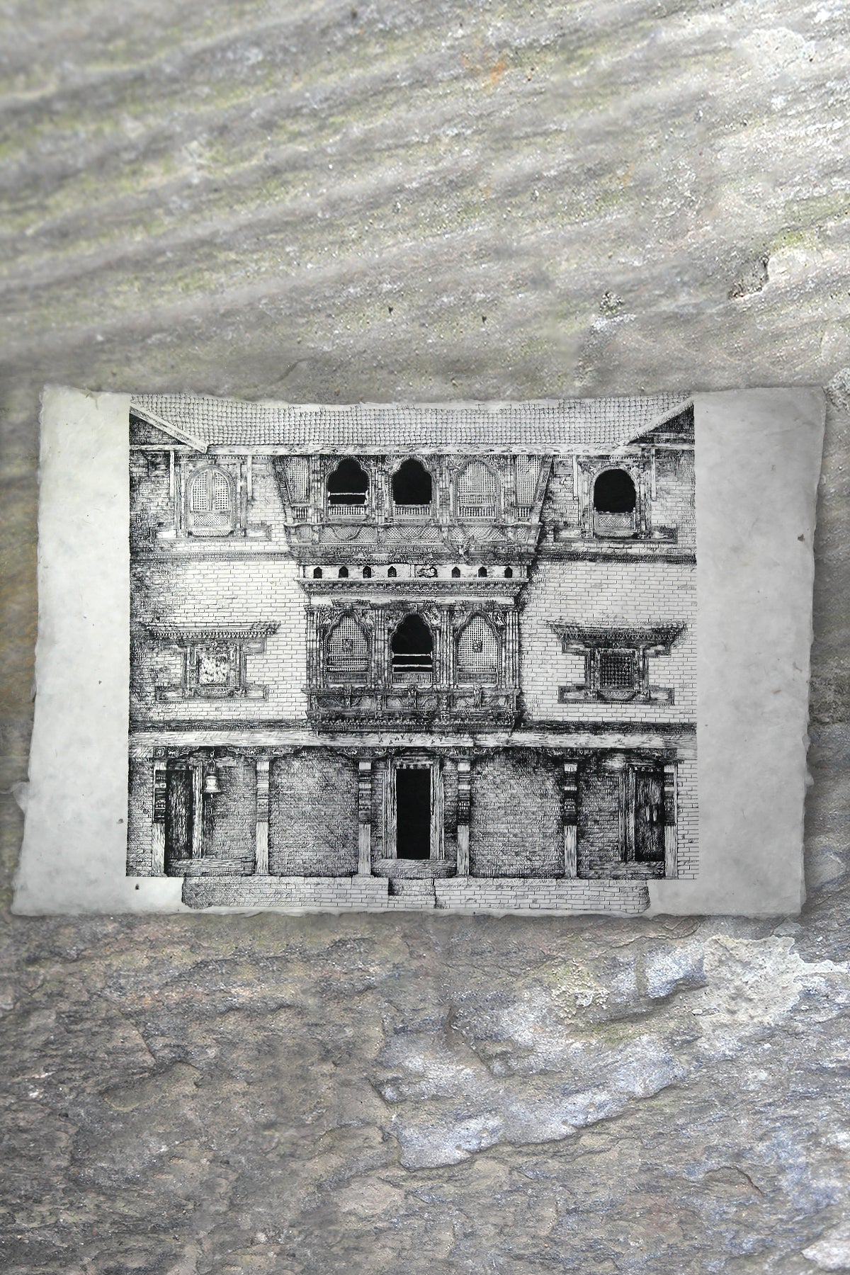 Handmade Lokta Paper Poster of Courtyard Elevation of Kuthu Math, Bhak | Vajracrafts