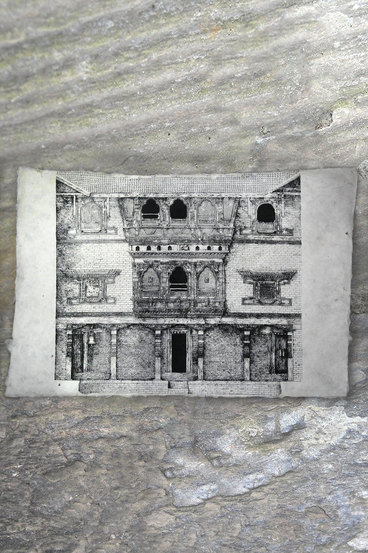 Handmade Lokta Paper Poster of Courtyard Elevation of Kuthu Math, Bhaktapur - Vajracrafts