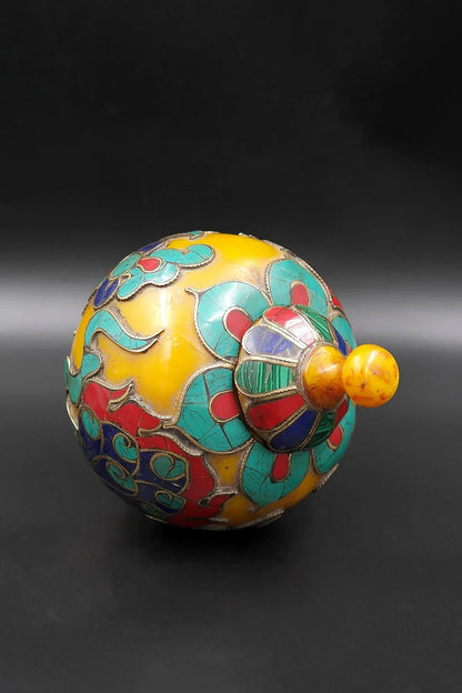 Old Tibetan Amber Multicolor Gem Stones Inlaid rice bowl Gulpa with cover - Vajracrafts