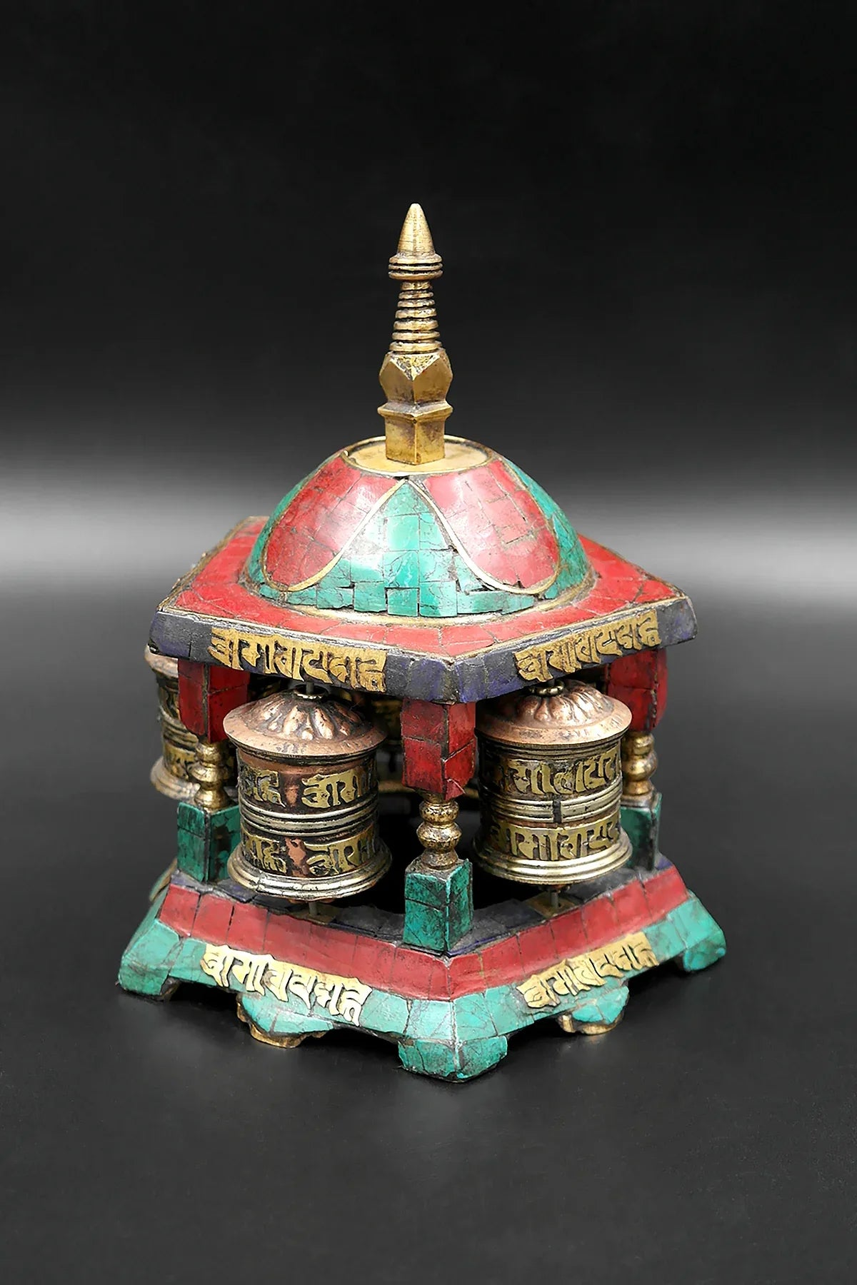 Stupa Prayer Wheel, Tibetan Buddhist stupa set with stones, table prayer wheel - Vajracrafts