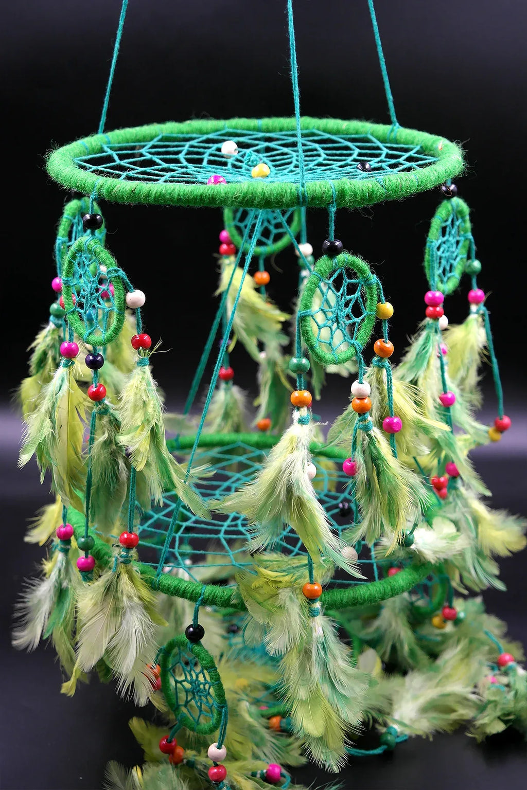 3 tier Dream Catcher Wall Hanging in Green, Handmade Ornament Feather - Vajracrafts