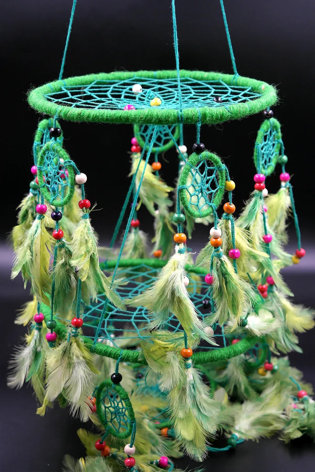 3 tier Dream Catcher Wall Hanging in Green, Handmade Ornament Feather - Vajracrafts