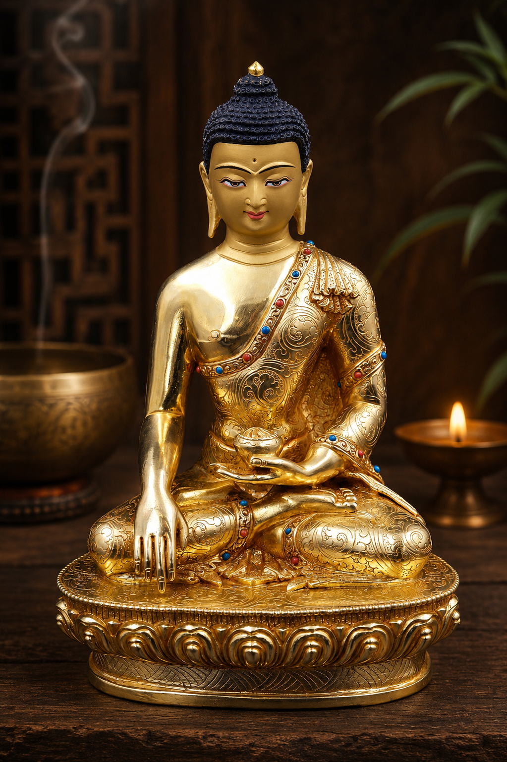 Turquoise and Coral inlaid Shakyamuni Buddha Statue, 8"