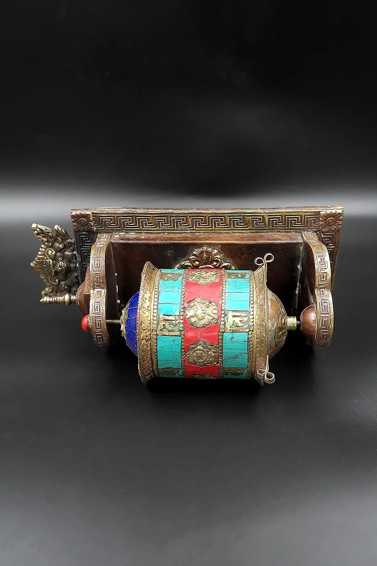 Eight Auspicious symbols and Gemstone inlaid Wall mounted Prayer wheel - Vajracrafts