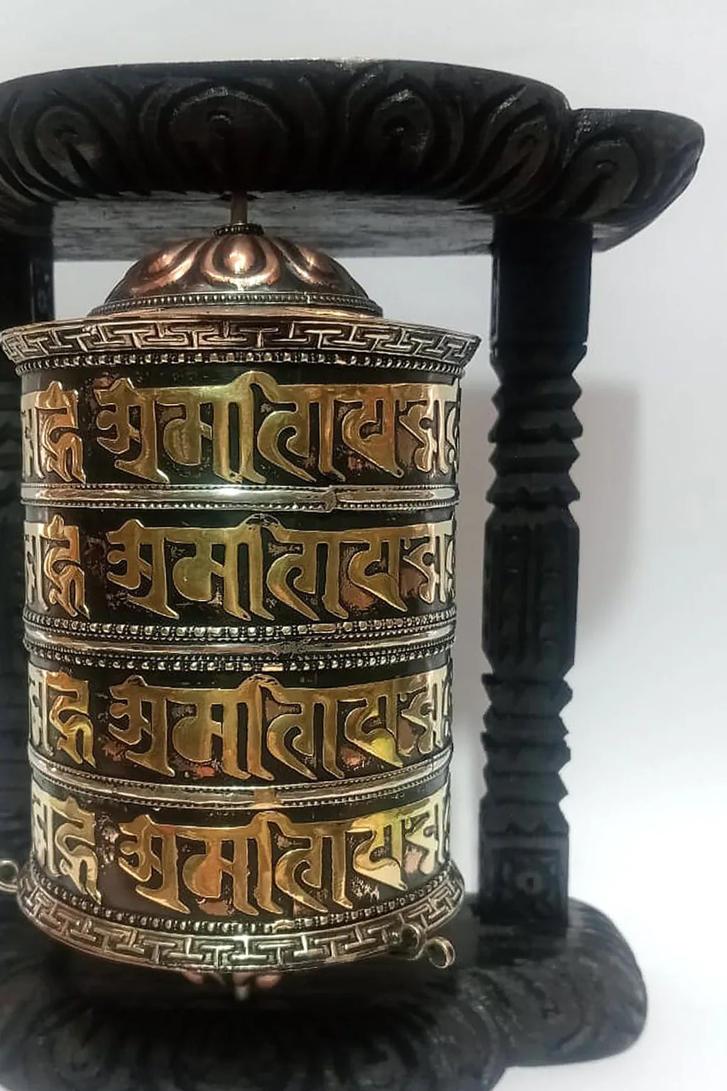 4 lines Om Mane peme hum Mantra copper Prayer Wheel in wooden frame - Vajracrafts