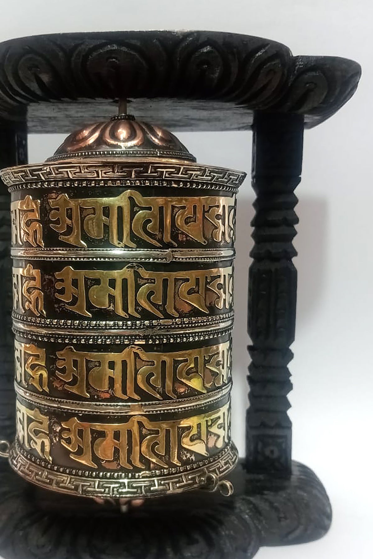 4 lines Om Mane peme hum Mantra copper Prayer Wheel in wooden frame | Vajracrafts