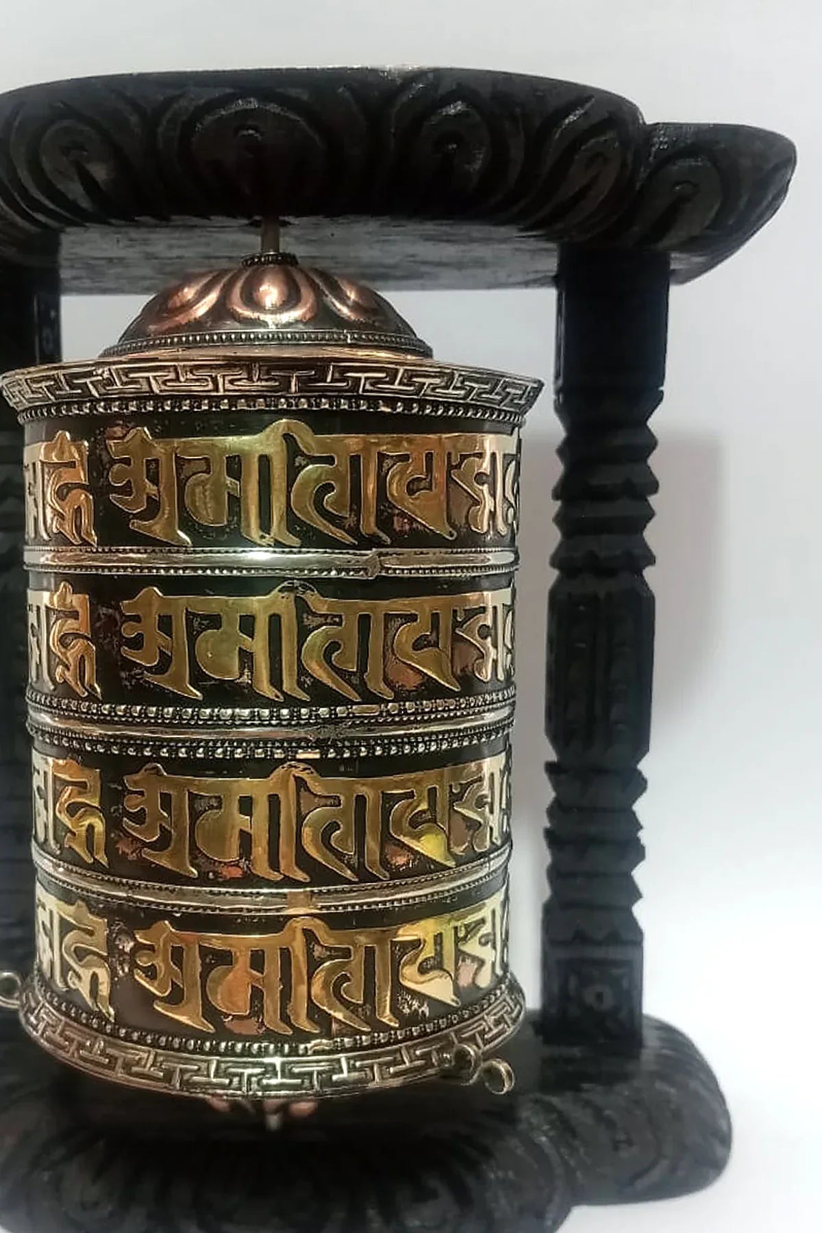 4 lines Om Mane peme hum Mantra copper Prayer Wheel in wooden frame - Vajracrafts