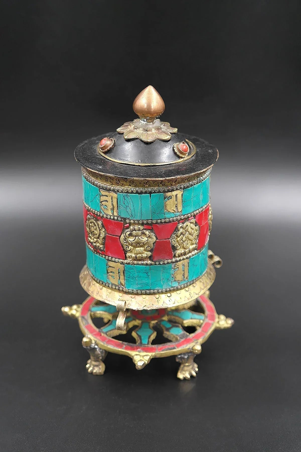 Two Lines Mantra inlaid table top Prayer Wheels with Dharma chakra base - Vajracrafts