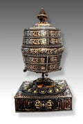 Tibetan Buddhism Om Mani Padme Hum Table Top Prayer Wheel in Square base, 7.5" - Vajracrafts