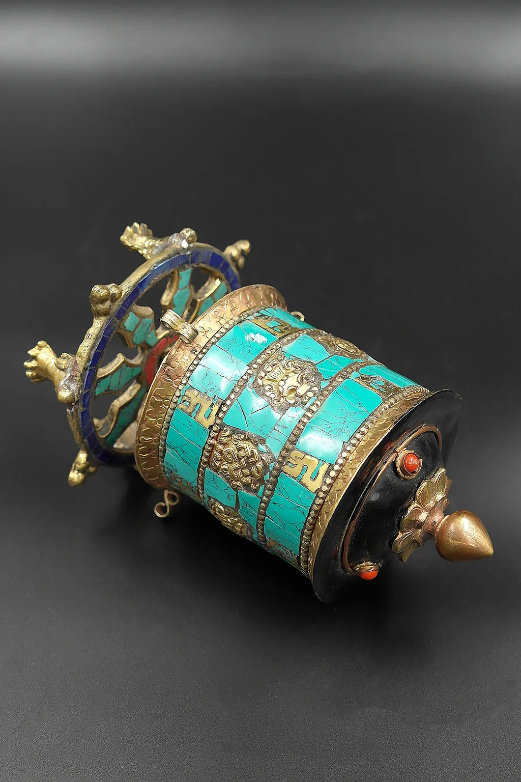 Turquoise inlaid Table Prayer Wheel with Mantra inside - Vajracrafts