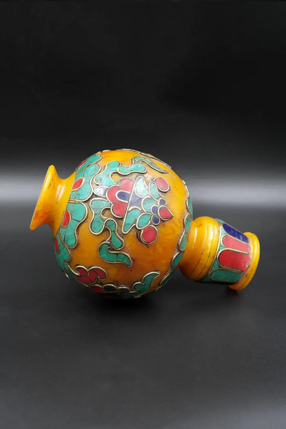 Vase of Treasure inlaid Amber floral Vase with Gemstones - Vajracrafts
