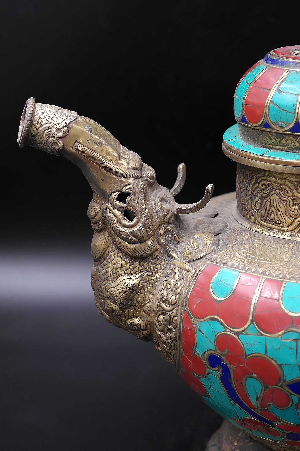 Ancient Tibetan Religious Teapot with Dragon handle Coral and Lapis Stone Art Deco