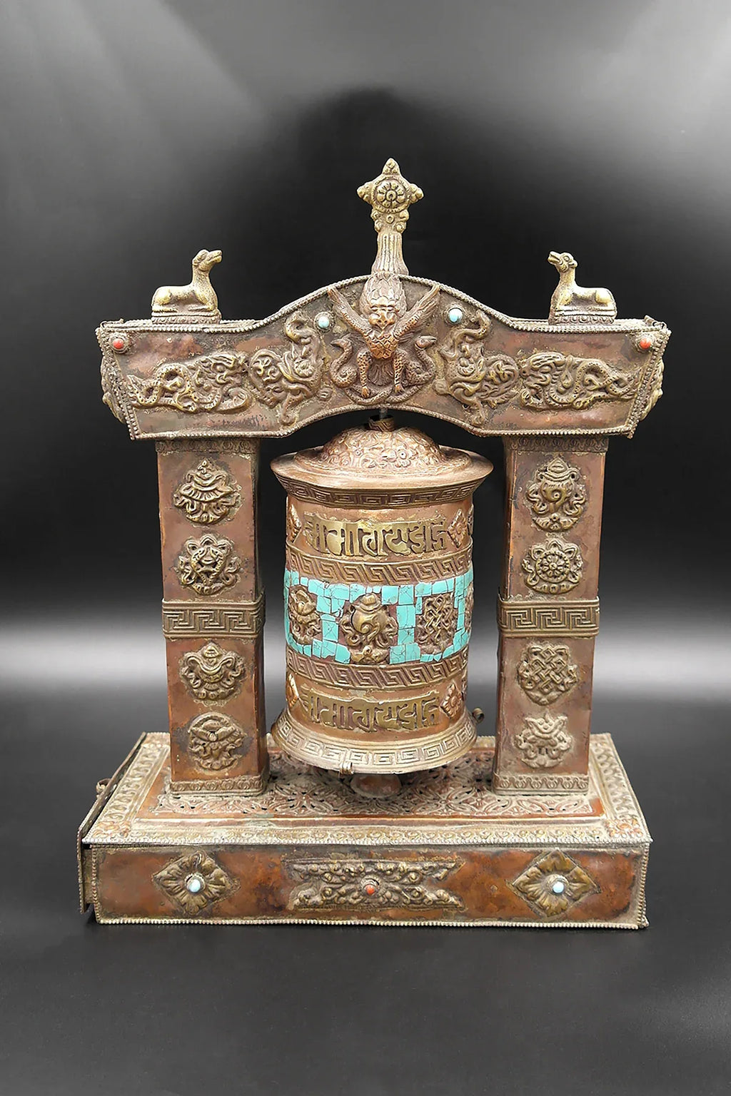 Turquoise inlaid eight auspicious symbol embossed Potala Design Prayer wheel - Vajracrafts
