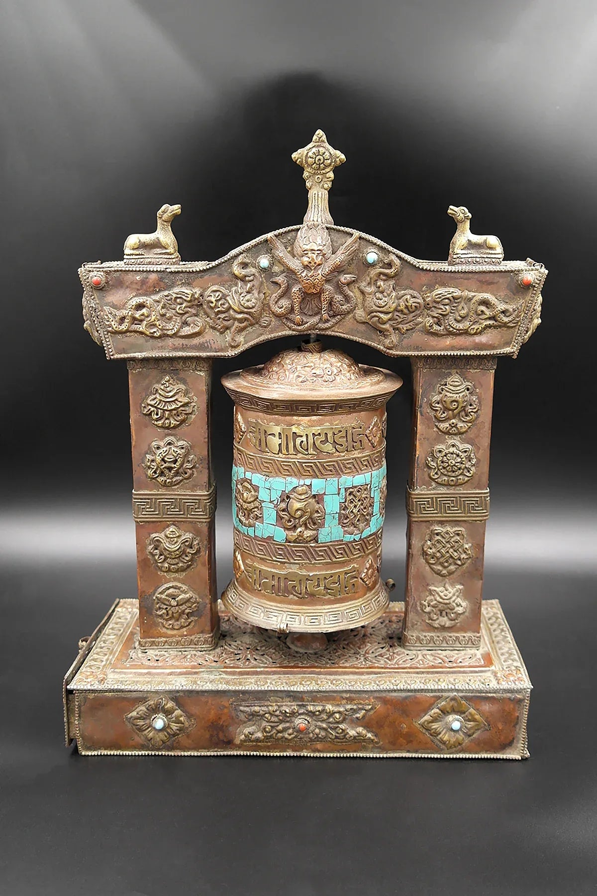 Turquoise inlaid eight auspicious symbol embossed Potala Design Prayer wheel - Vajracrafts