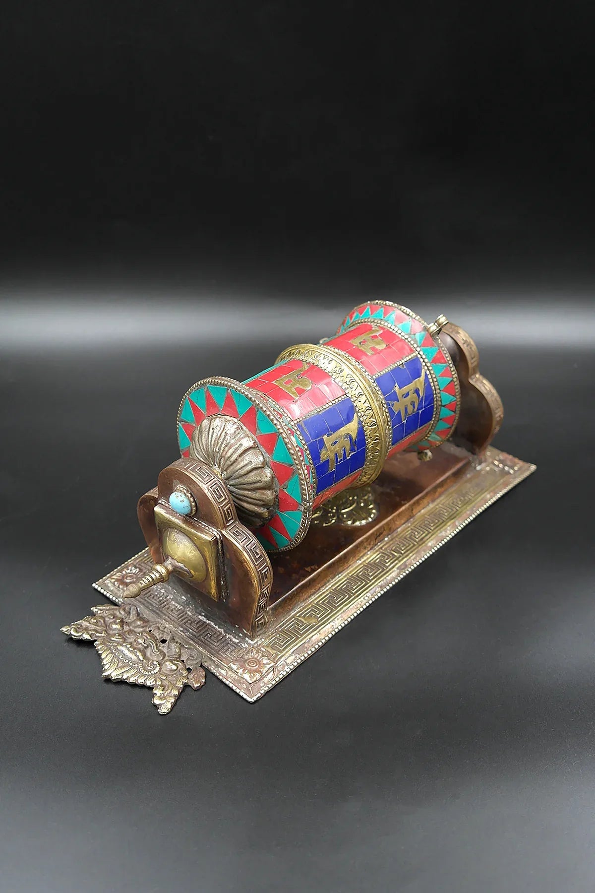 Om mane peme hum mantra inlaid with Gemstone wall mount Prayer Wheel - Vajracrafts