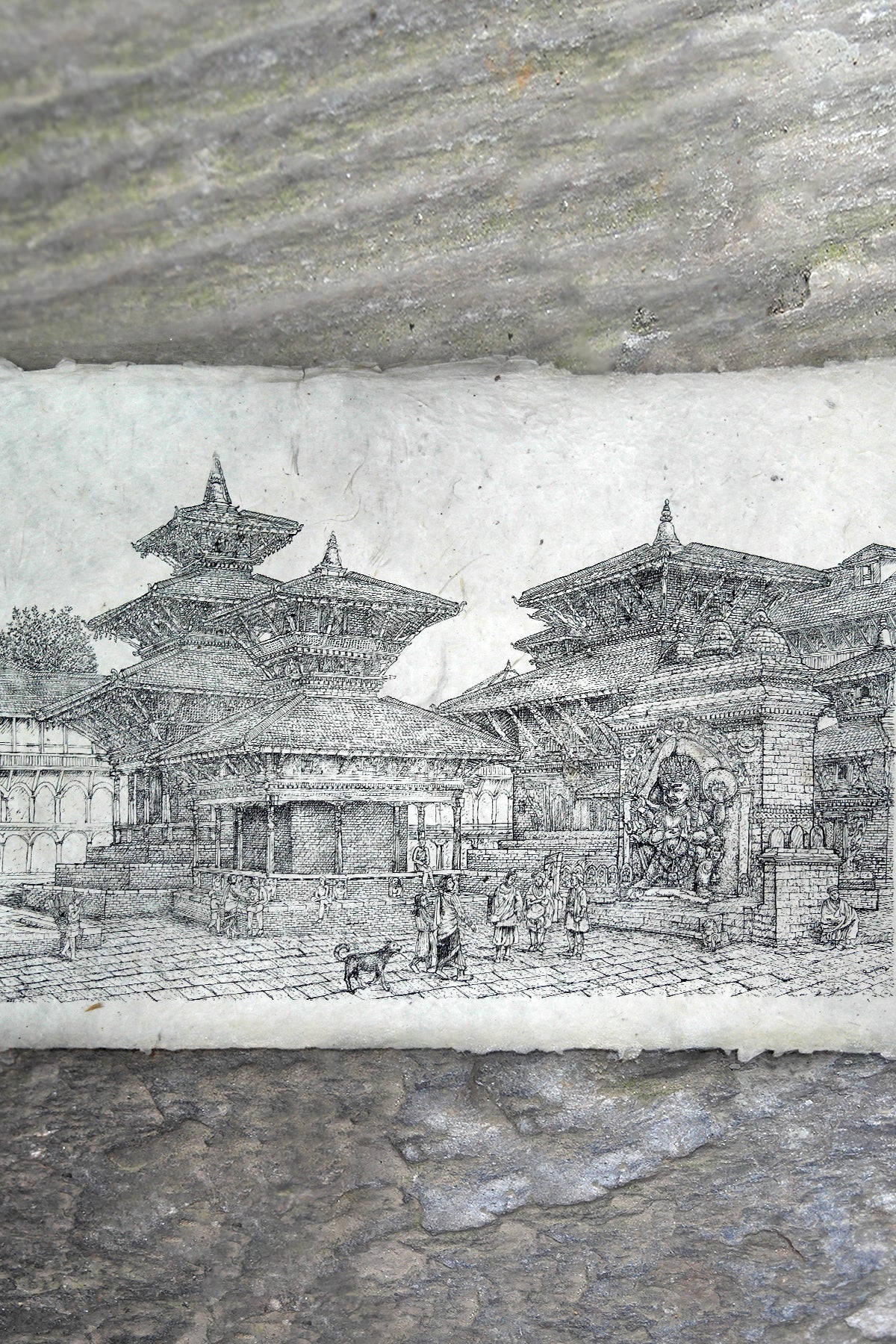 Handmade Lokta Paper Poster of Hanumandhoka Durbar, Kathmandu | Vajracrafts