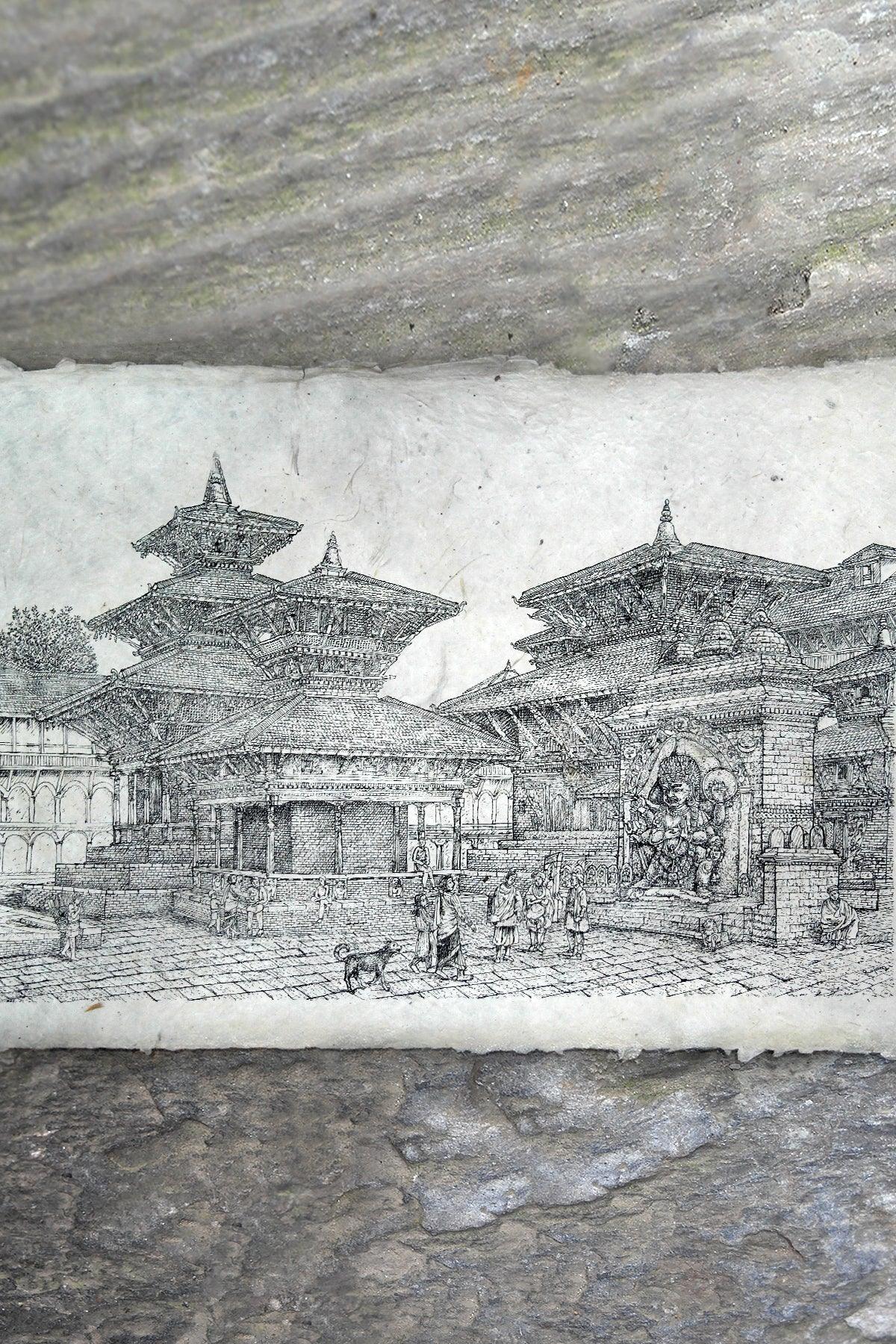 Handmade Lokta Paper Poster of Hanumandhoka Durbar, Kathmandu - Vajracrafts