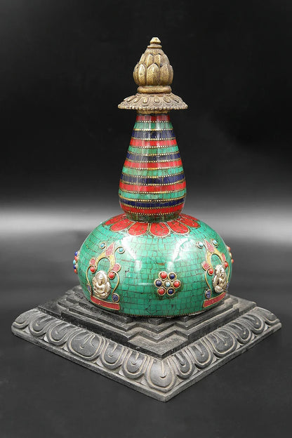 Buddhist Handmade Stupa with Gemstones and wooden base - Vajracrafts