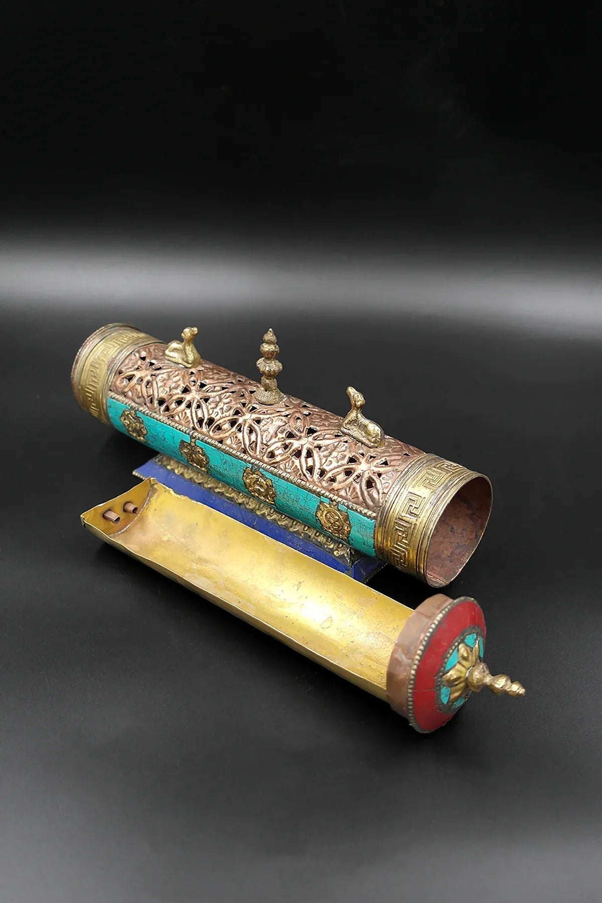 Tibetan Temple style antiqued metal Eight Auspicious Symbols Incense Burner - Vajracrafts