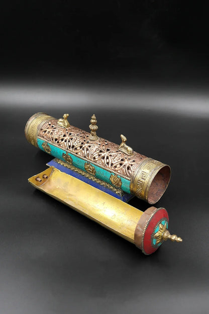 Tibetan Temple style antiqued metal Eight Auspicious Symbols Incense Burner - Vajracrafts