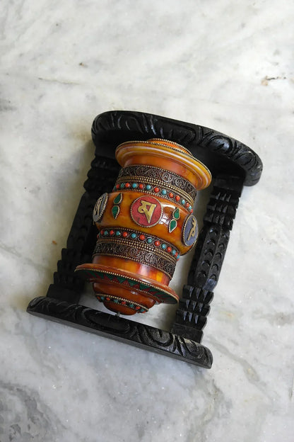 Om Mane peme hum on Gemstone in Prayer Wheel with black frame - Vajracrafts