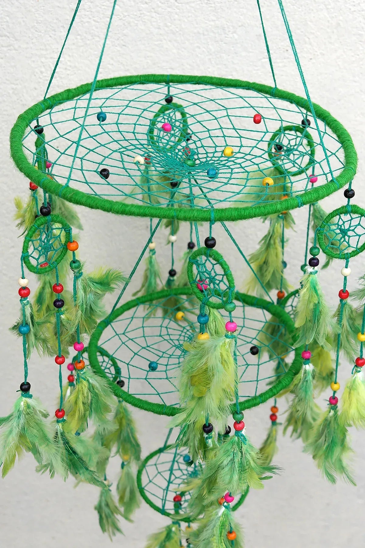 Green Large Handmade Dream Catcher in 3 Tier, home décor - Vajracrafts