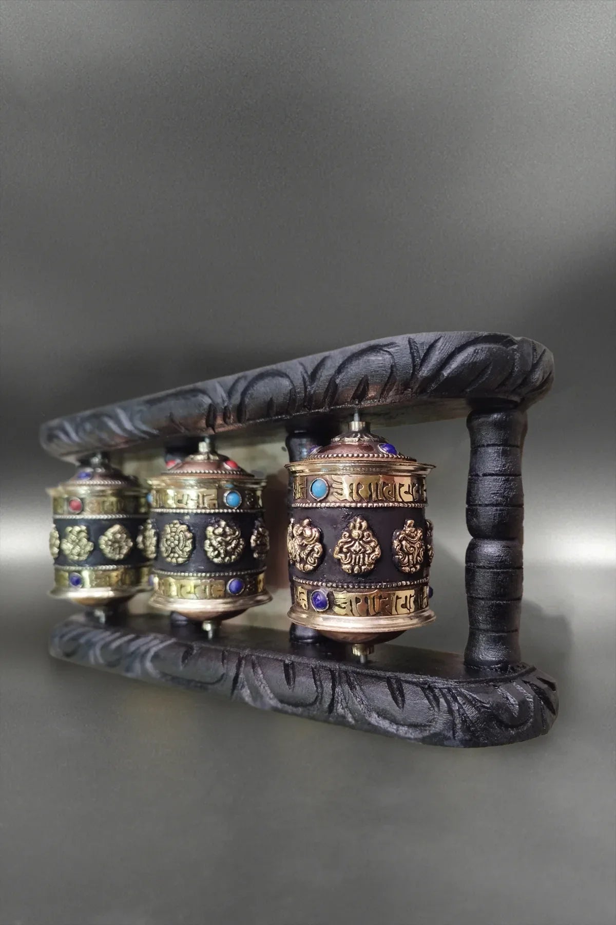 Tibetan Buddhist Prayer Wheels in Wooden Frame - Vajracrafts